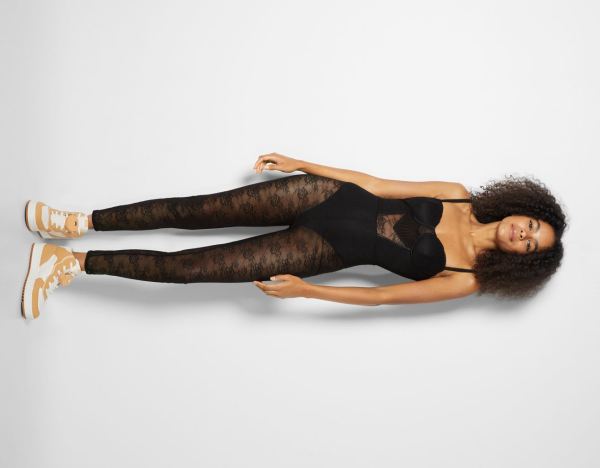Black Women's Bershka Catsuit Jumpsuit With Blonde Lace Dress | dvs4nVyFyUz