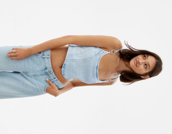 Light Blue Women's Bershka Denim Corset Tops | PhNoXPs3mAN