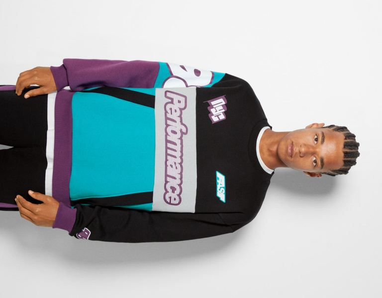 Black Men\'s Bershka Crew Neck Color Block Sweatshirt With Racing Print Tracksuits | FNkirtmLduM