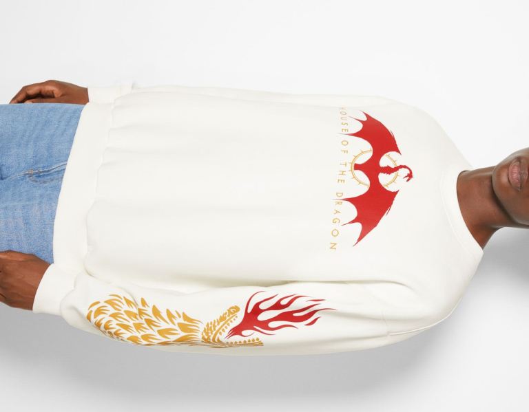 Cream Men's Bershka Oversize Crew Neck House Of Dragons Sweatshirts | TLtyuZIT9l5