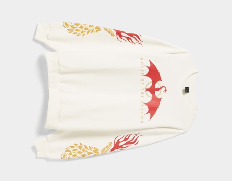 Cream Men's Bershka Oversize Crew Neck House Of Dragons Sweatshirts | TLtyuZIT9l5