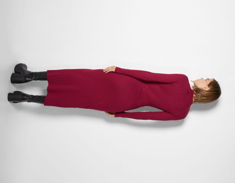 Dark Red Women's Bershka Ribbed High Neck Midi Dress | 3dF86odxxIN