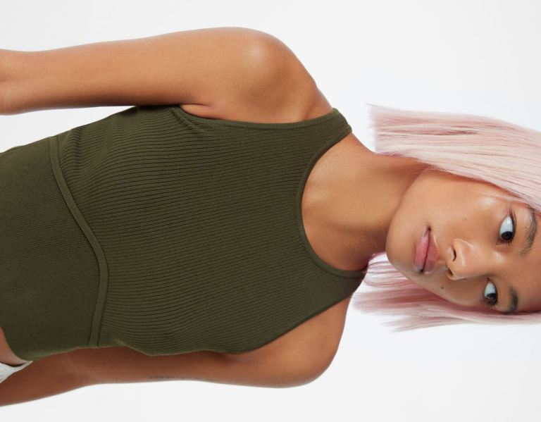 Khaki Women's Bershka Knit With Embellished Trim Tops | KeFna7ayayd