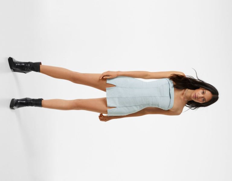 Light Blue Women's Bershka Tailored Off-the-shoulder Denim Dress | yt8BNmAPhJU
