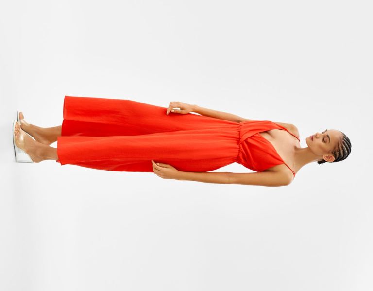 Red Women's Bershka Linen Blend Culotte Jumpsuit With A Crossover Neckline Dress | lESyB5qfeSo