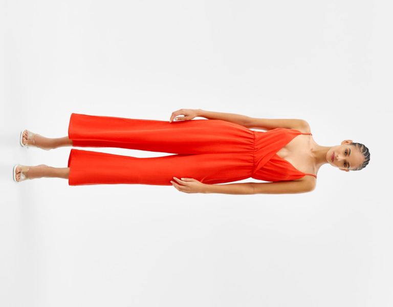 Red Women\'s Bershka Linen Blend Culotte Jumpsuit With A Crossover Neckline Dress | lESyB5qfeSo