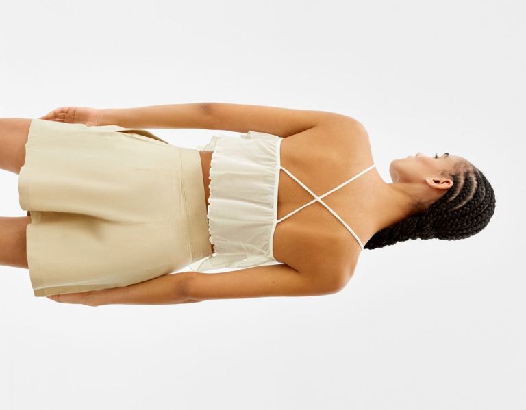 White Women's Bershka Ruffled Tulle With Crisscross Back Tops | 3nMjHjQxiAi